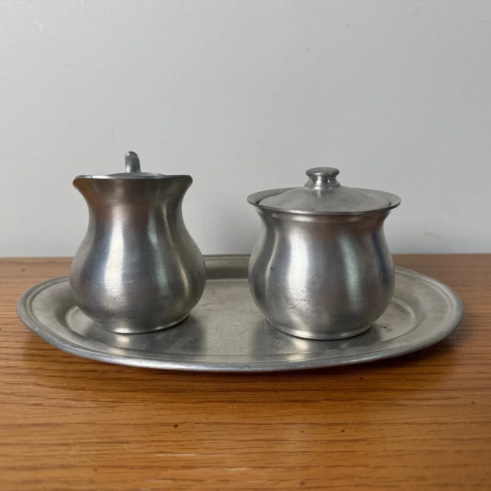 Web Pewter‎ Early American Creamer Sugar Bowl and Oval Tray Set 3 Piece Vintage